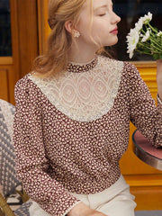 Sofia Maple Leaf Print Lantern Sleeve Lace Contrast Blouse
