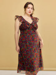 Plus Size Kora Floral Printed Lace Sleeves Midi Dress