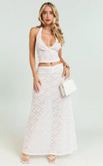 Two Piece Set - Stretch Lace Halter Top and Maxi Skirt in White
