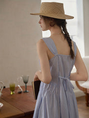 Mariah Simple Square Neck Striped A-line Cotton Dress- Blue