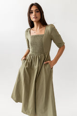 Paisley Smocked Midi Dress in Sage