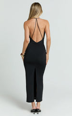 Black Midi Slip Dress with Low Cowl and Open Back