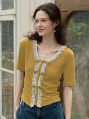 Emerie V-neck Contrast Lace Panel Bow Knitted Top - Yellow
