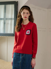 Cadence Ribbed Round Neck Contrasting Embroidery Sweater