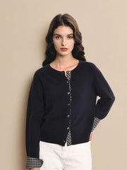 Ariyah Round Neck Plaid 100% Wool Cardigan