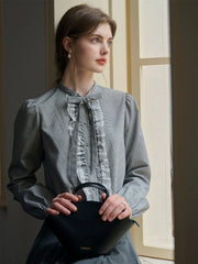 Reagan Bow Lace Contrasting Houndstooth Blouse