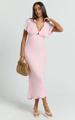 Desiree Midi Dress - V Neck Flutter Short Sleeve Slip Dress in Pink
