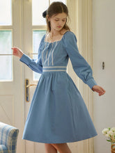 Jazmine Square Collar Trimmed Lace-up Bow Long Sleeve Cotton Dress