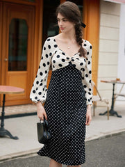 Saanvi Elegant Square Neck Polka Dot Stitching Balloon Sleeve Dress