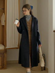 Tressa Notched Lapel A-Line Double-Breasted Button Wool Coat