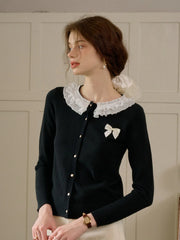 Ruby Lace Lapel Contrasting Bow Cardigan