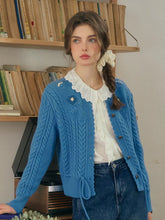 Vesper Wavy Neck Ribbed Wool Cardigan - Blue