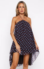 Heartbreaker Status Mini Dress Choc/Blue Polka Dot