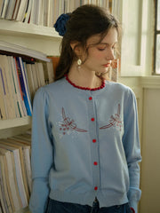 Soleil Standing Collar Embroidered Colour Clash Sweater Cardigan