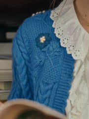 Vesper Wavy Neck Ribbed Wool Cardigan - Blue