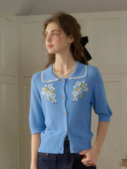 Zoe Wavy Collar Embroidery Knit Blouse