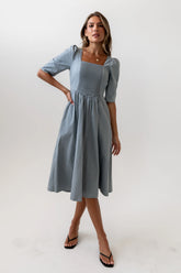 Paisley Smocked Midi Dress in Slate Blue