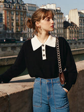 Selena Polo Contrast Collar 100% Wool Black Knit Sweater