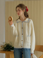 Kahlani Peter Pan Collar Contrasting Embroidered Pocket 100% Wool Cardigan - White