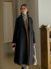 Tressa Notched Lapel A-Line Double-Breasted Button Wool Coat