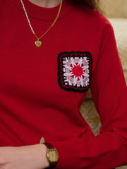 Cadence Ribbed Round Neck Contrasting Embroidery Sweater