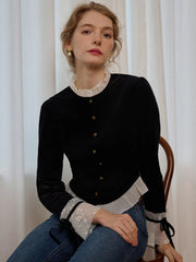 Alice Contrast Lace Ruffle Trim Velvet Blouse