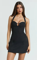 Black Mini Halter Sweetheart Neck A-Line Dress