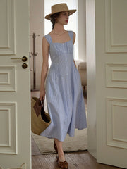 Mariah Simple Square Neck Striped A-line Cotton Dress- Blue