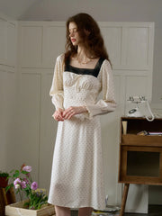 Mazie Square Collar Polka Dots Contrasting Lace-up Dress