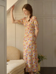 Xena V-Neck Floral Puff Sleeve Dress - Red