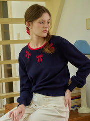Hilary Round Neck Bowknot Pullover Sweater