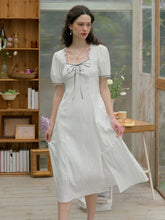 Edith Square Neck Contrast Bow Puff Sleeves Slit Hem Dress