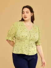 Blessing V-Neck Floral Puff Sleeves Top