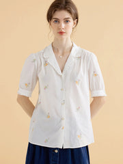 Marceline Simple V Neck Embroidered Cotton Shirt