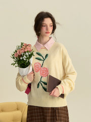 Ayra Round Neck Flower Pattern Elegant Long Sleeve Pullover Jumper