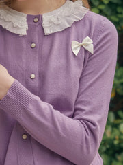 Ruby Lace Lapel Contrasting Bow Cardigan - Purple
