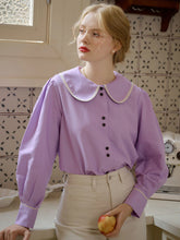 Avayah Contrasting Doll Collar Balloon Sleeve Slit Linen Shirt-Purple