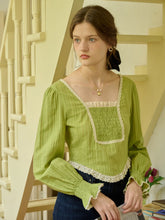 August Square Collar Trimmed Pleated Cotton Blouse