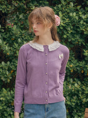 Ruby Lace Lapel Contrasting Bow Cardigan - Purple