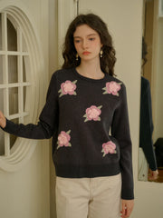 Sarahi Embroidery Round Neck Hollow 3D Flower Knitted Wool Sweater