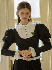 Holly Contrast Color Balloon Sleeve Animal Embroidery Halloween Shirt