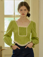 August Square Collar Trimmed Pleated Cotton Blouse