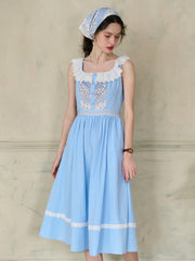 Yamileth Square Collar A-Line Contrasting Floral Sleeveless Cotton Dress