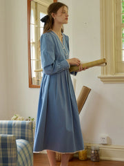 Chandler V-Neck Trimmed Lace-up Contrasting Button Cotton Dress