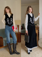 Xiomara V-Neck Embroidery Velvet Vest