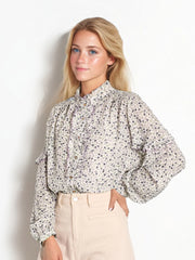 Celia Stand-Up Collar Printing Collision Long-Sleeved Shirt