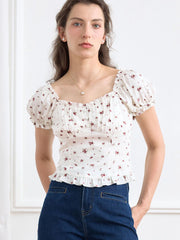 Nia Ditsy Floral Print Ruched Bust Frill Trim Blouse