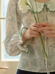Aila Contrast Lace-up Lapel Puff Sleeve Lace Floral Print Blouse