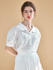 Savanna Simple Little Daisy Embroidered White Blouse