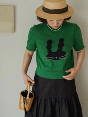 Chowxiaodou Puff-Sleeve Knit Linen T-Shirt